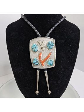 Navajo Sterling Silver Turquoise Coral BOLO Tie With Eagle Unique Etched Design